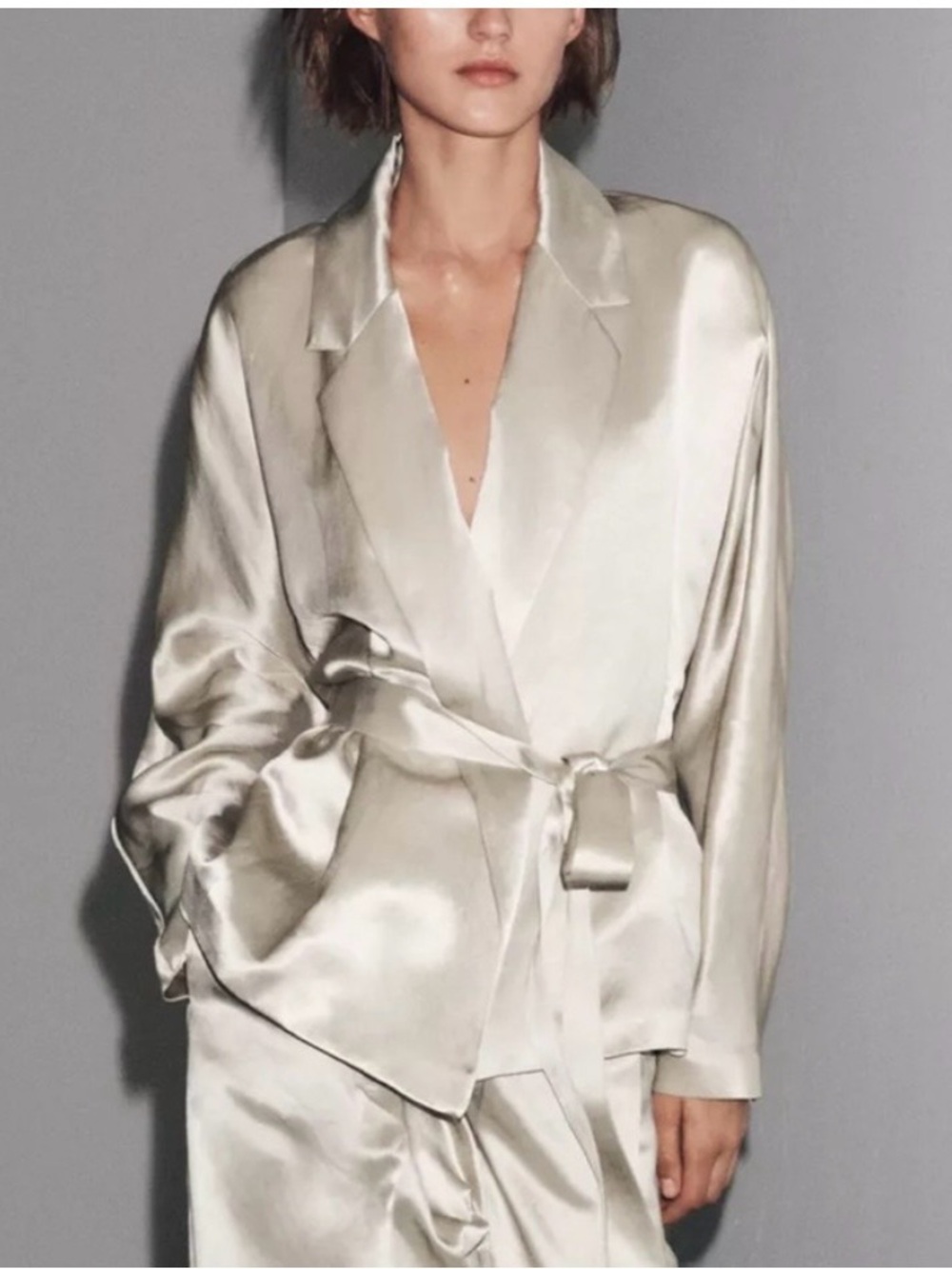 ZARA satin blazer with belt ZW collection limited edition stone color Sz L